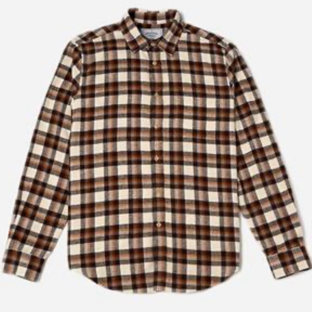 Portuguese Flannel Brownie Plaid Brown Cream Button Up Shirt size small EUC